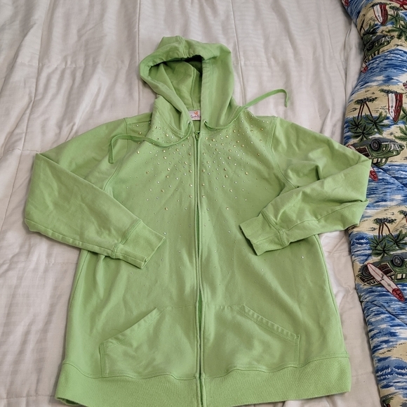Quacker Factory Tops - Bedazzled light lime green sweatshirt jacket size Medium